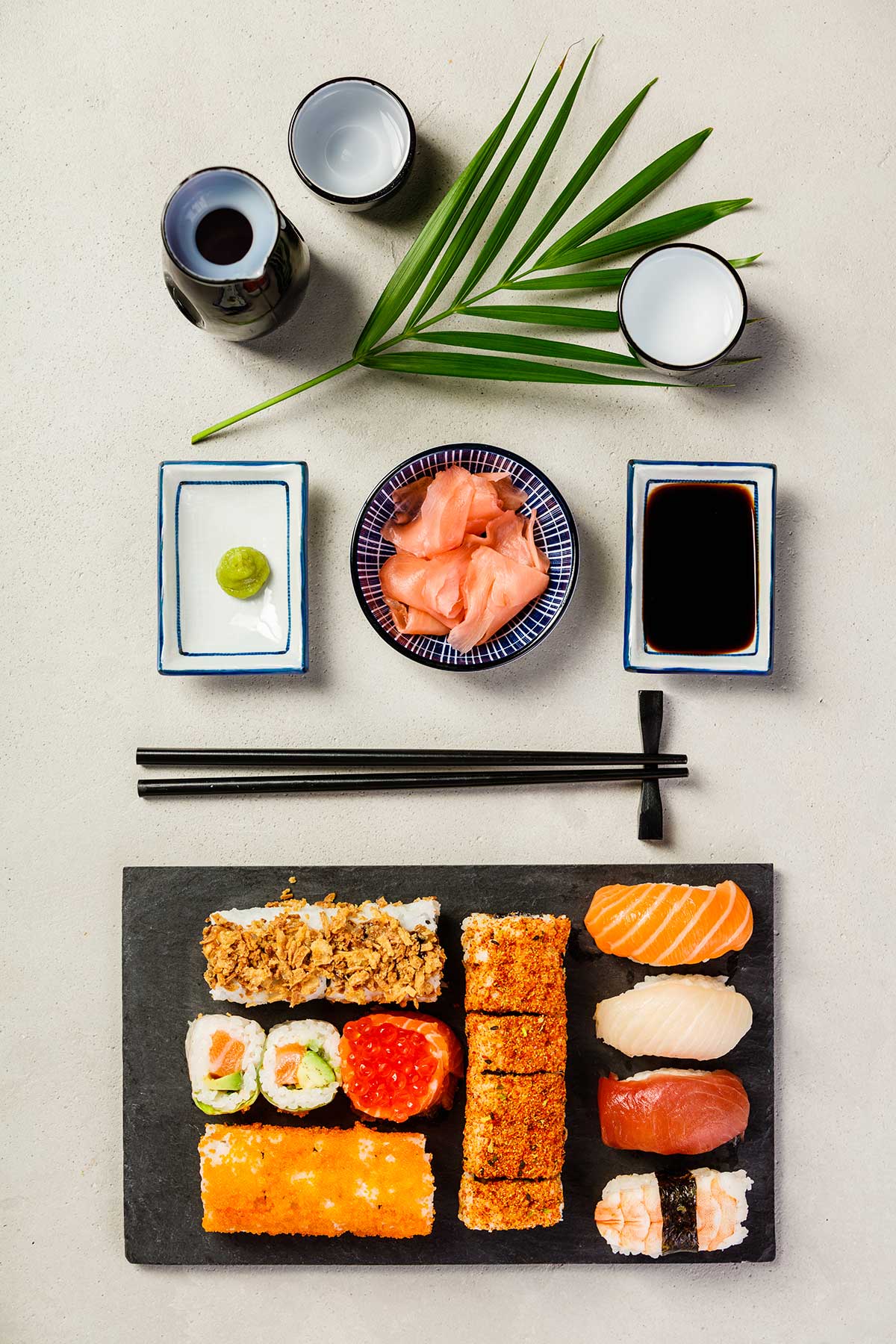 Seasonal ingredients and nigiri laid out for the evening's omakase